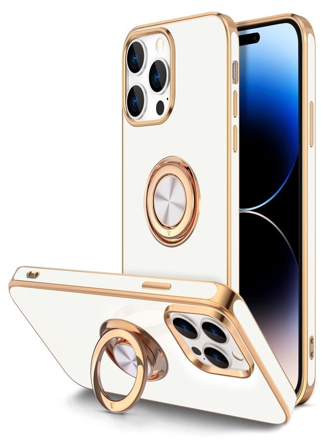 Hython for iPhone 14 Pro Max Case with Ring Stand [360° Rotatable Ring Holder Magnetic Kickstand] [Support Car Mount] Plated Gold Edge Slim Soft TPU Luxury Protective Phone Case Cover, White - Image 1
